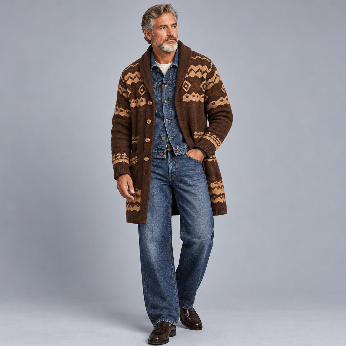 Men's Coffee Aztec Geometric Pattern Shawl Lapel Single Breasted Knitted Longline Cardigan