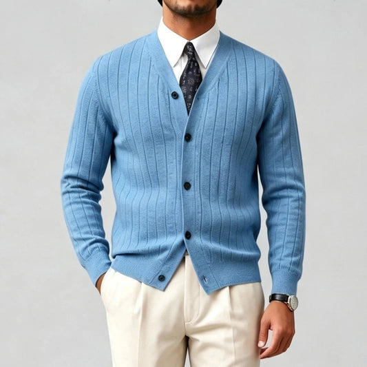 Men's Casual V-Neck Button-Down Sweater, Solid Color