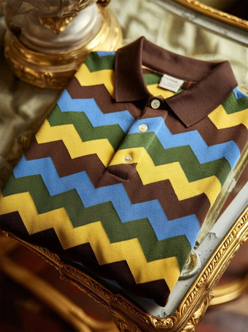 Men's Business Casual Chevron Stripe Button-Down Short Sleeve Polo Shirt