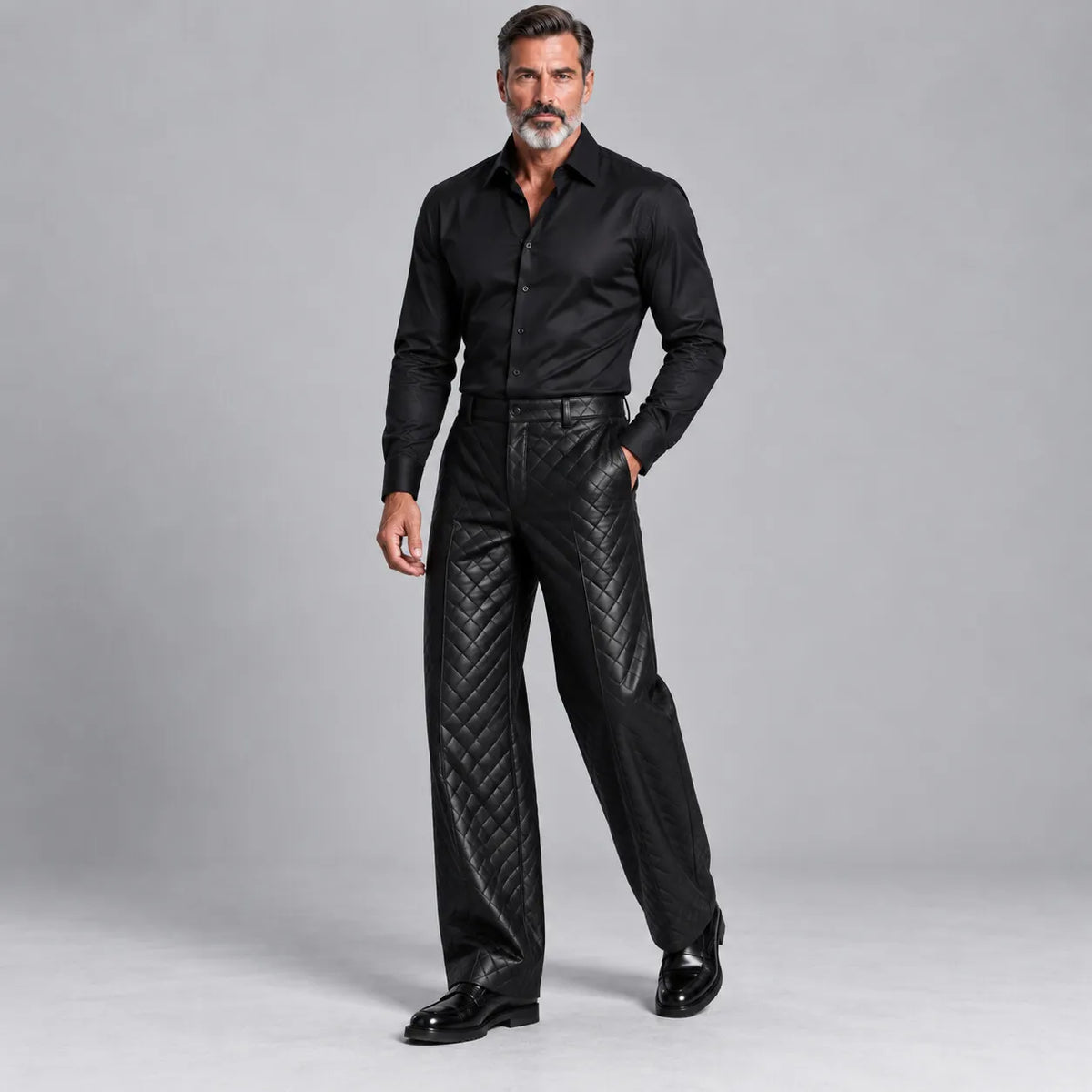 Men's Black PU Leather Quilted Straight Wide Leg Casual Pants