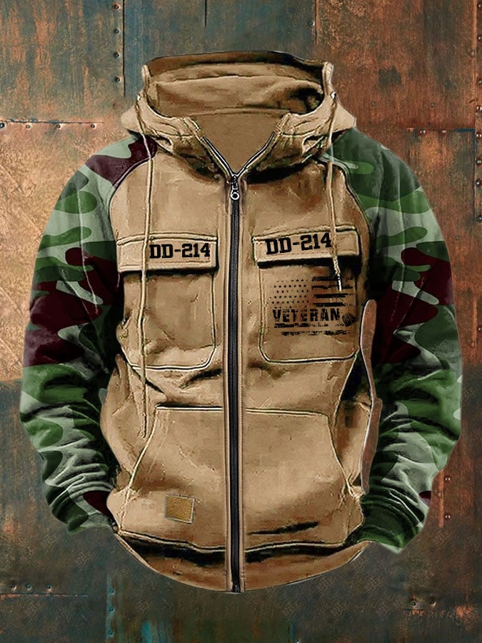 Men's Vintage Veteran Print Multi-Pocket Jacket