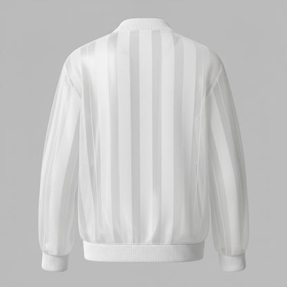 Men's Stylish White Organza Semi-Sheer Striped Zip-Up Jacket