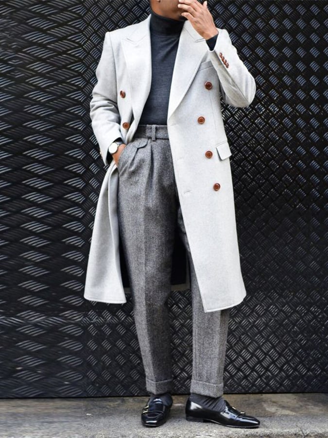 Men's Slim Fit Business Casual Double Breasted Solid Color Peacoat