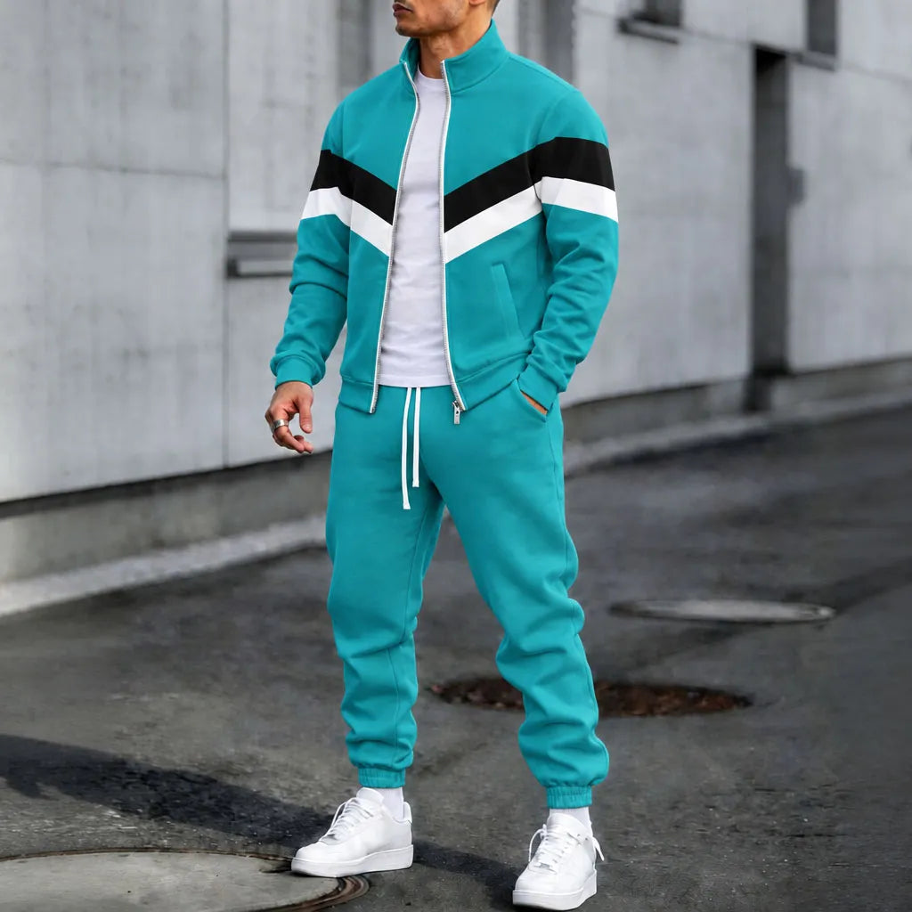 Men's V-Shaped Color-Blocked Striped Stand-Up Collar Jacket and Pants Set