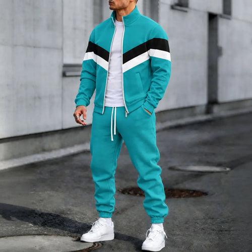 Men's V-Shaped Color-Blocked Striped Stand-Up Collar Jacket and Pants Set