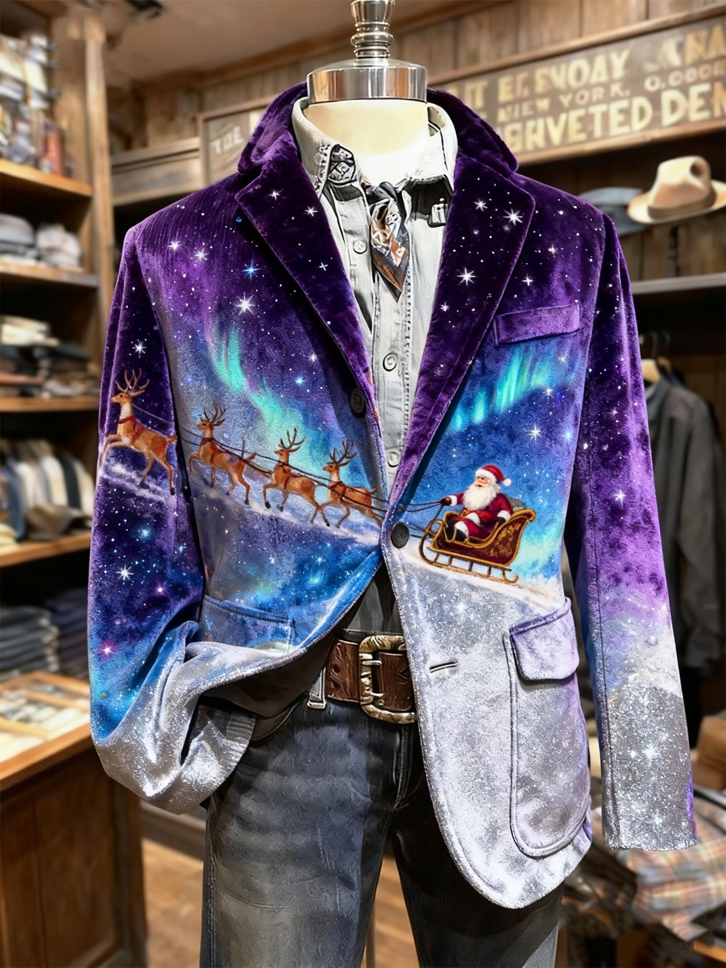 Men's Vintage Christmas Santa Sleigh Print Casual Jacket