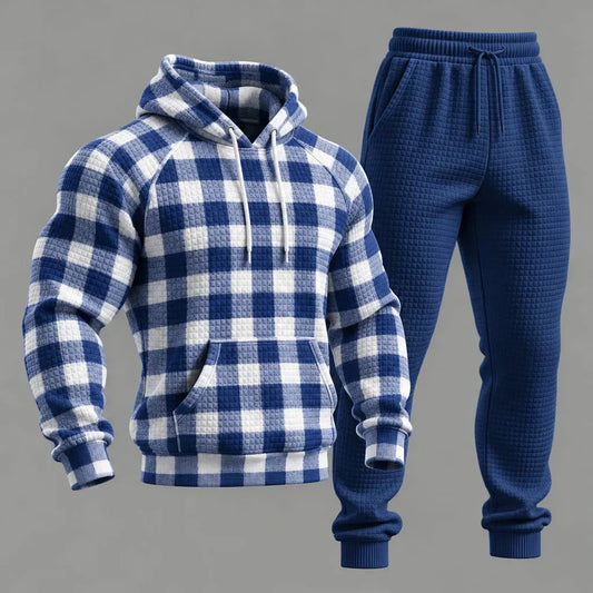 Men's Blue Checkered Hooded Sweatshirt and Pants Set