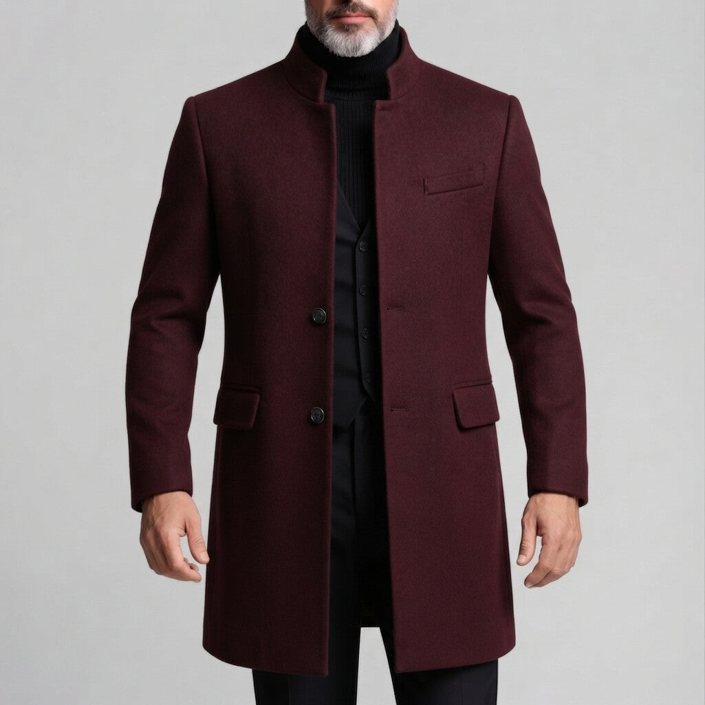 Men's Smart Casual Solid Stand Collar Single Breasted Long Sleeve Mid Length Woolen Coat