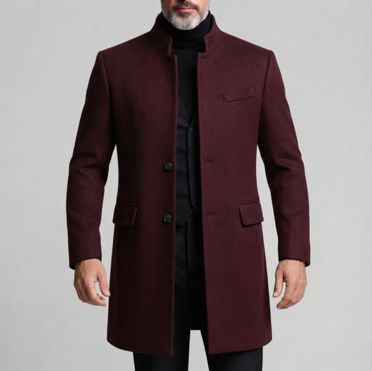 Men's Smart Casual Solid Stand Collar Single Breasted Long Sleeve Mid Length Woolen Coat