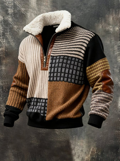 Men's Retro Color Block Print Casual Fur Collar Long Sleeve Sweatshirt