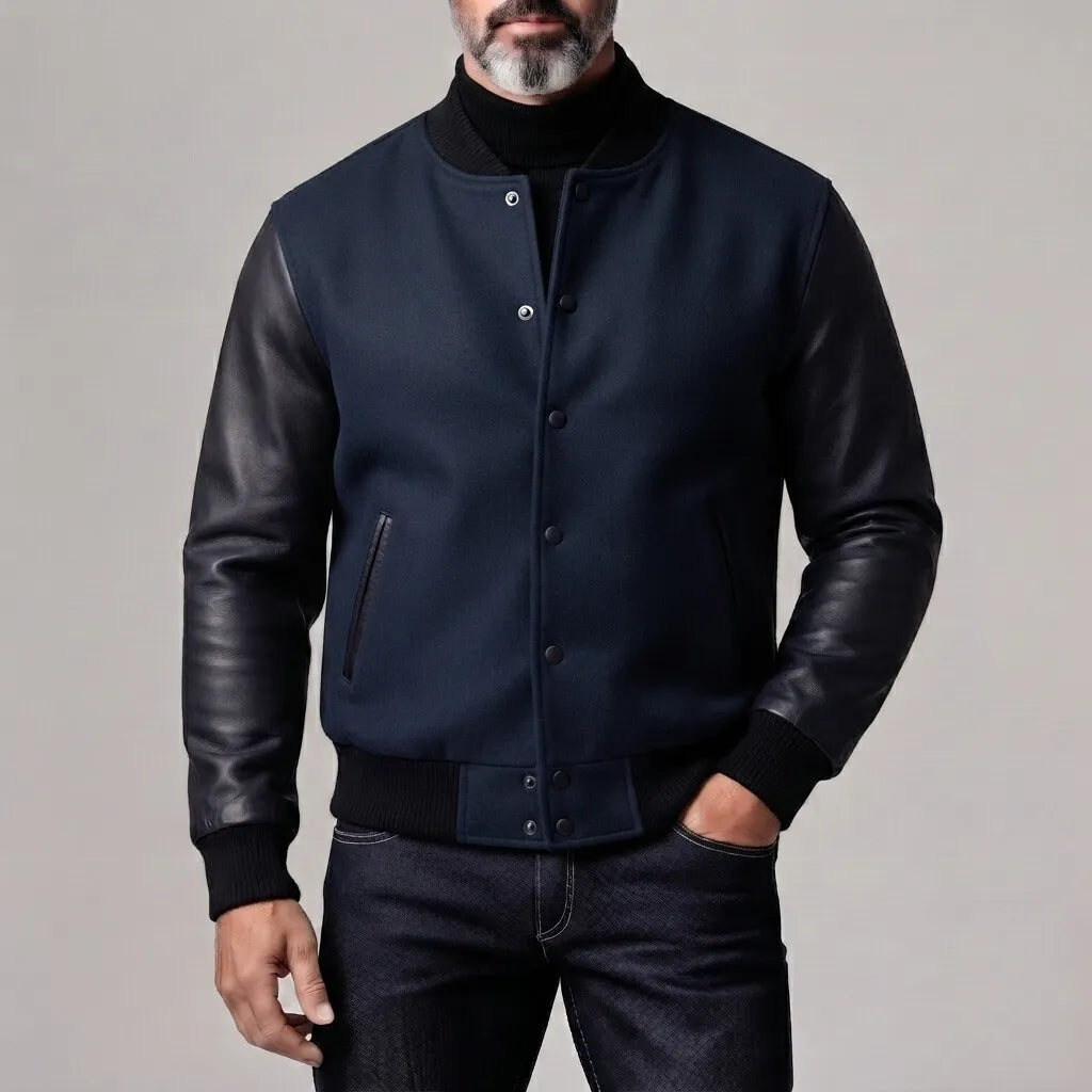 Men's Vintage Woolen Contrast Spliced PU Leather Long Sleeve Button Up Bomber Jacket