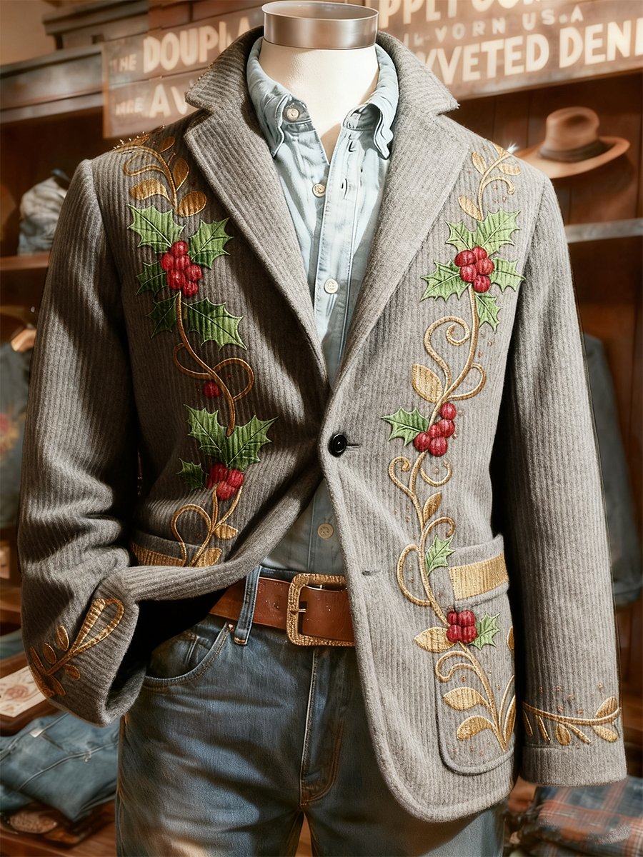 Men's Corduroy Christmas Holly Lapel Blazer