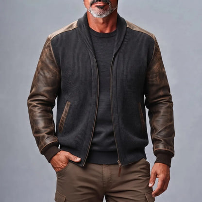 Men's Charcoal Ribbed Knit Shawl Lapel PU Leather Patchwork Long Sleeve Zipper Cardigan