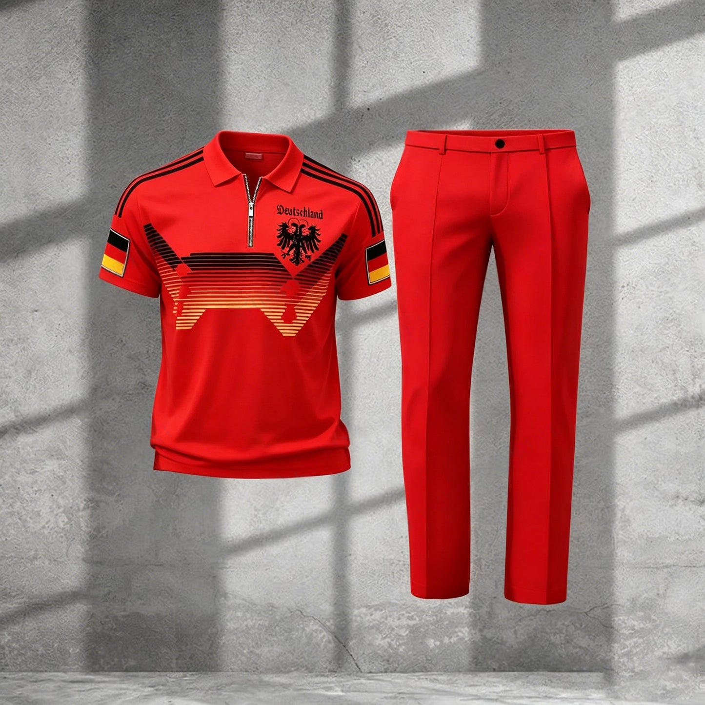 Men's Casual Red Printed Polo Short-Sleeve T-Shirt And Pants Two-Piece Set