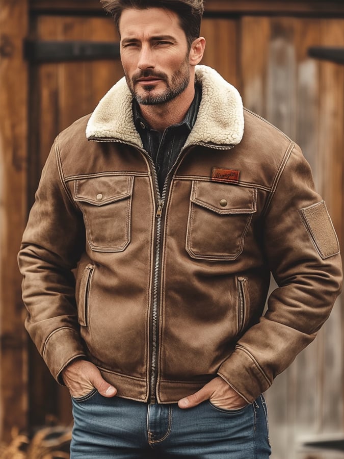 Men's Retro Classic Distressed Casual Fur Collar Pocket Jacket