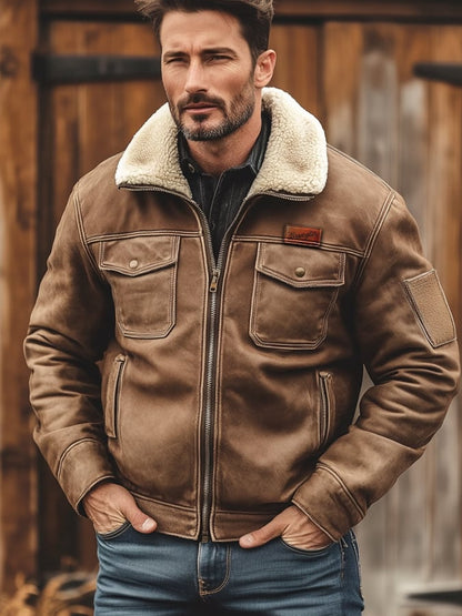 Men's Retro Classic Distressed Casual Fur Collar Pocket Jacket