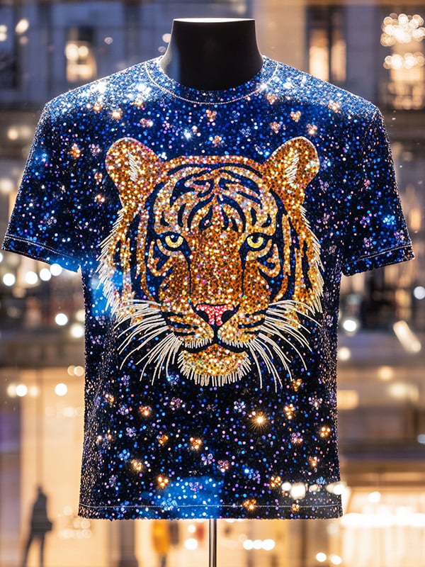 Men's Tiger Sequin Business Print Short Sleeve T-Shirt