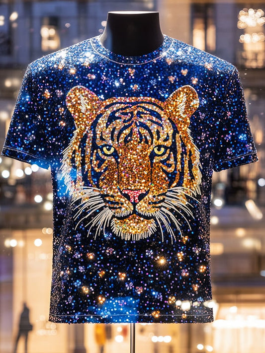 Men's Tiger Sequin Business Print Short Sleeve T-Shirt