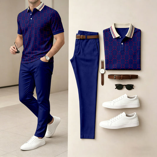 Men's Red Short-Sleeve Polo Shirt with Subtle Pattern and Pants Two-Piece Set