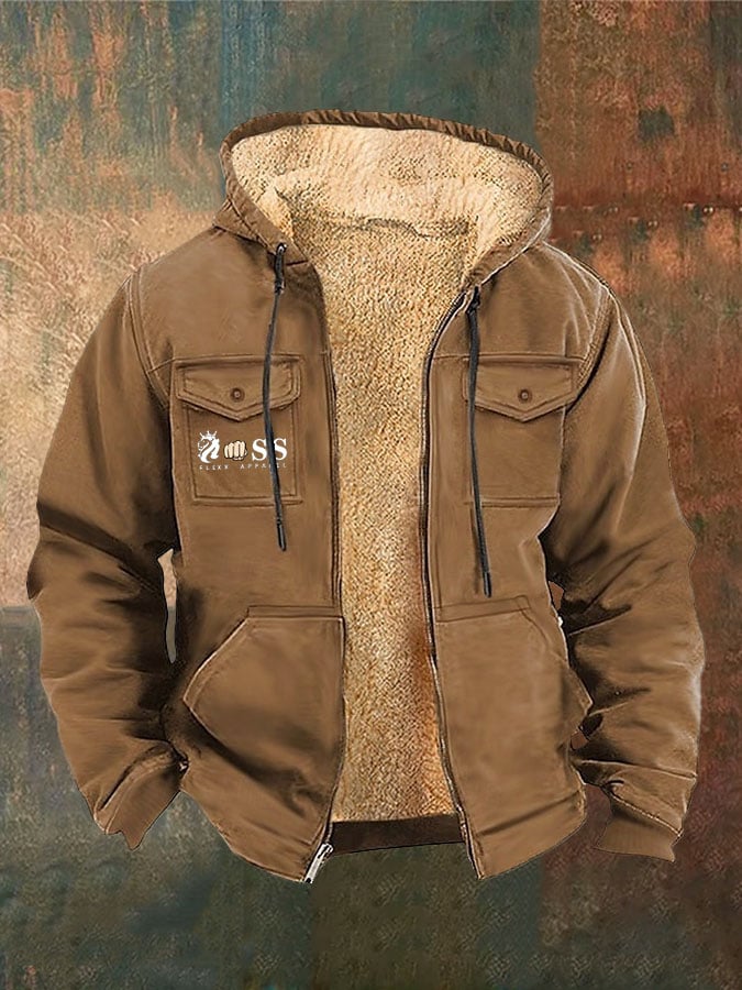 Men's Retro Lettering Printed Arctic Fleece Zip-Up Jacket