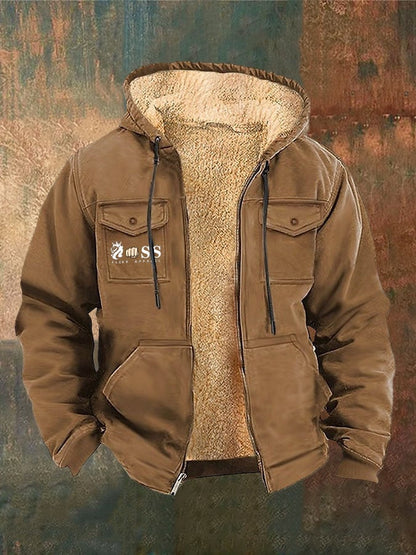 Men's Retro Lettering Printed Arctic Fleece Zip-Up Jacket