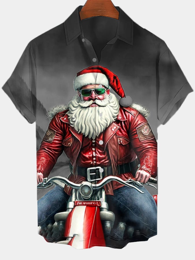 Men's Fashion Casual Santa Print Short Sleeve Shirt
