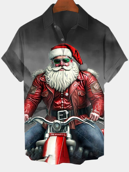 Men's Fashion Casual Santa Print Short Sleeve Shirt