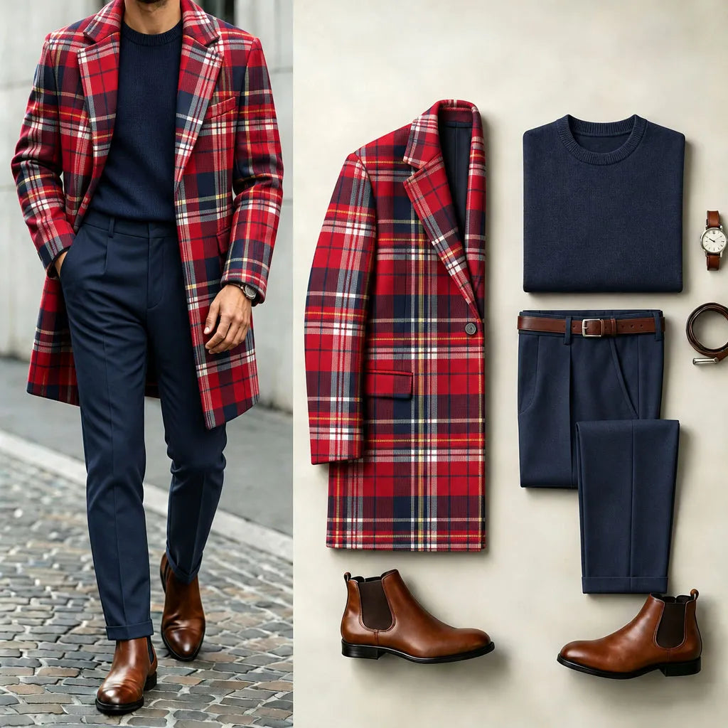 Men's Checkered Print Suit Set: Coat, Knit Sweater, and Pants