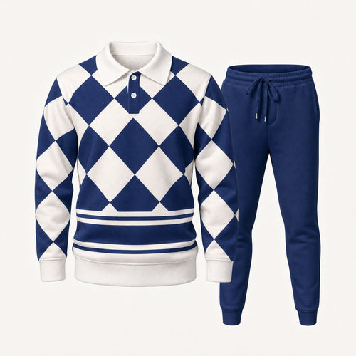 Men's Diamond-Patterned Polo Shirt and Pants Two-Piece Set