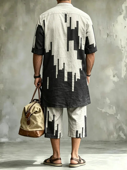 Men's Abstract Art Print Casual Short-sleeve Linen Top Shorts Two-piece