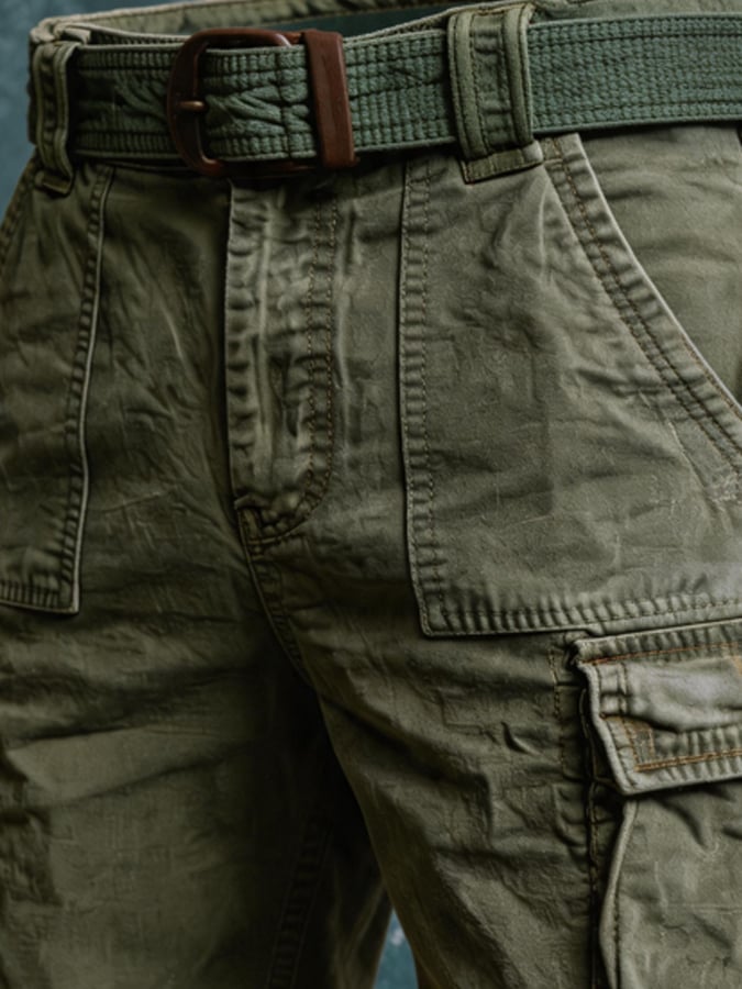 Men's Retro Outdoor Multi-Pocket 100% Cotton Washed Cargo Shorts