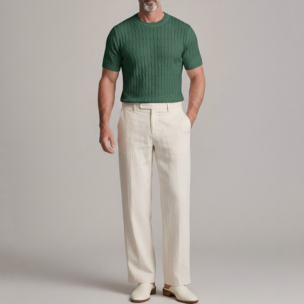 Men's Solid Color Ribbed Crew Neck Cable Knit Slim Fit T-Shirt