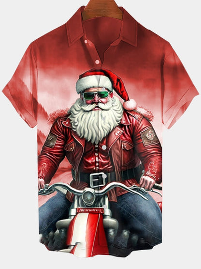 Men's Fashion Casual Santa Print Short Sleeve Shirt