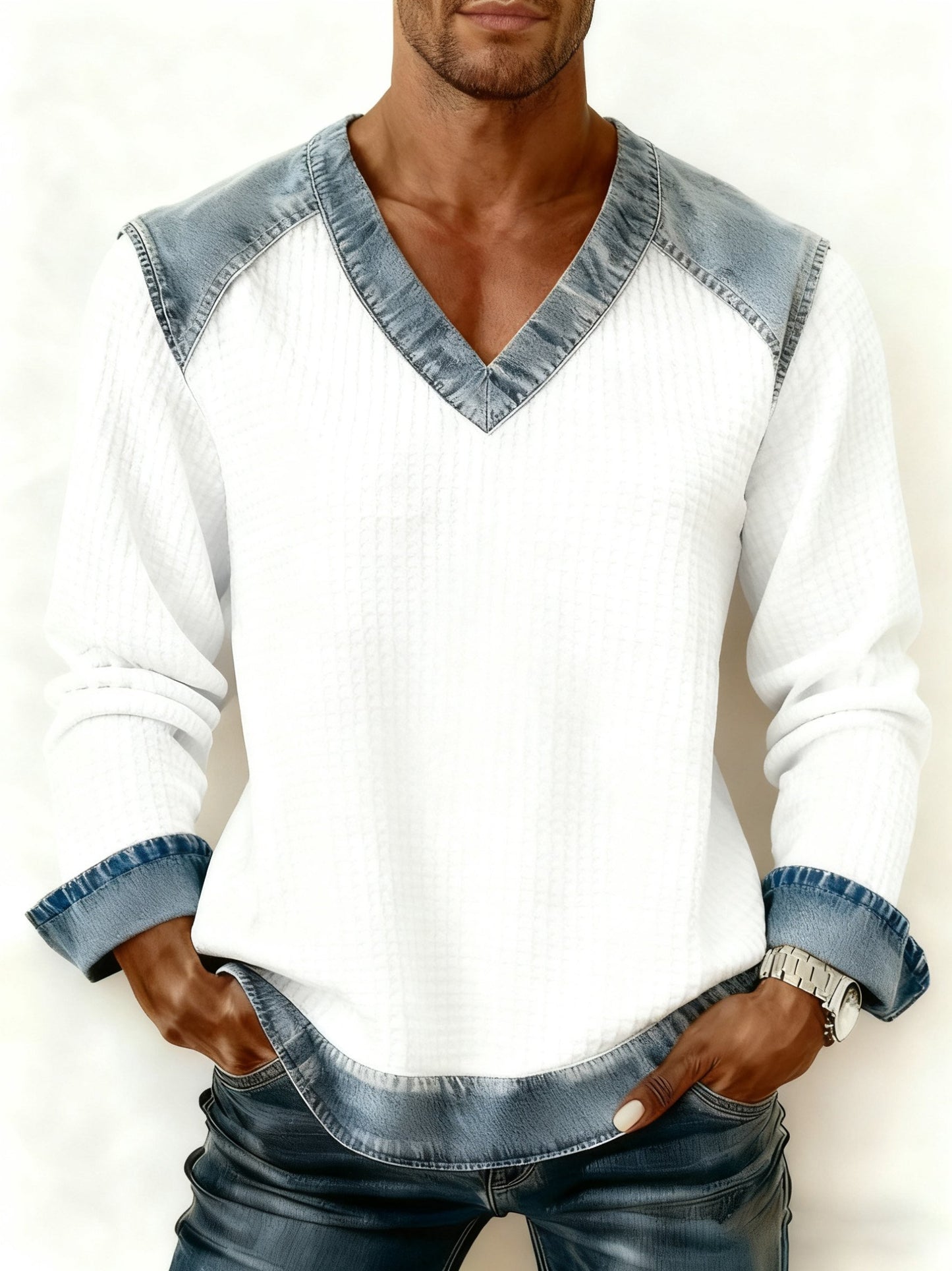 Men's Retro Solid Color Patchwork V-Neck Pullover