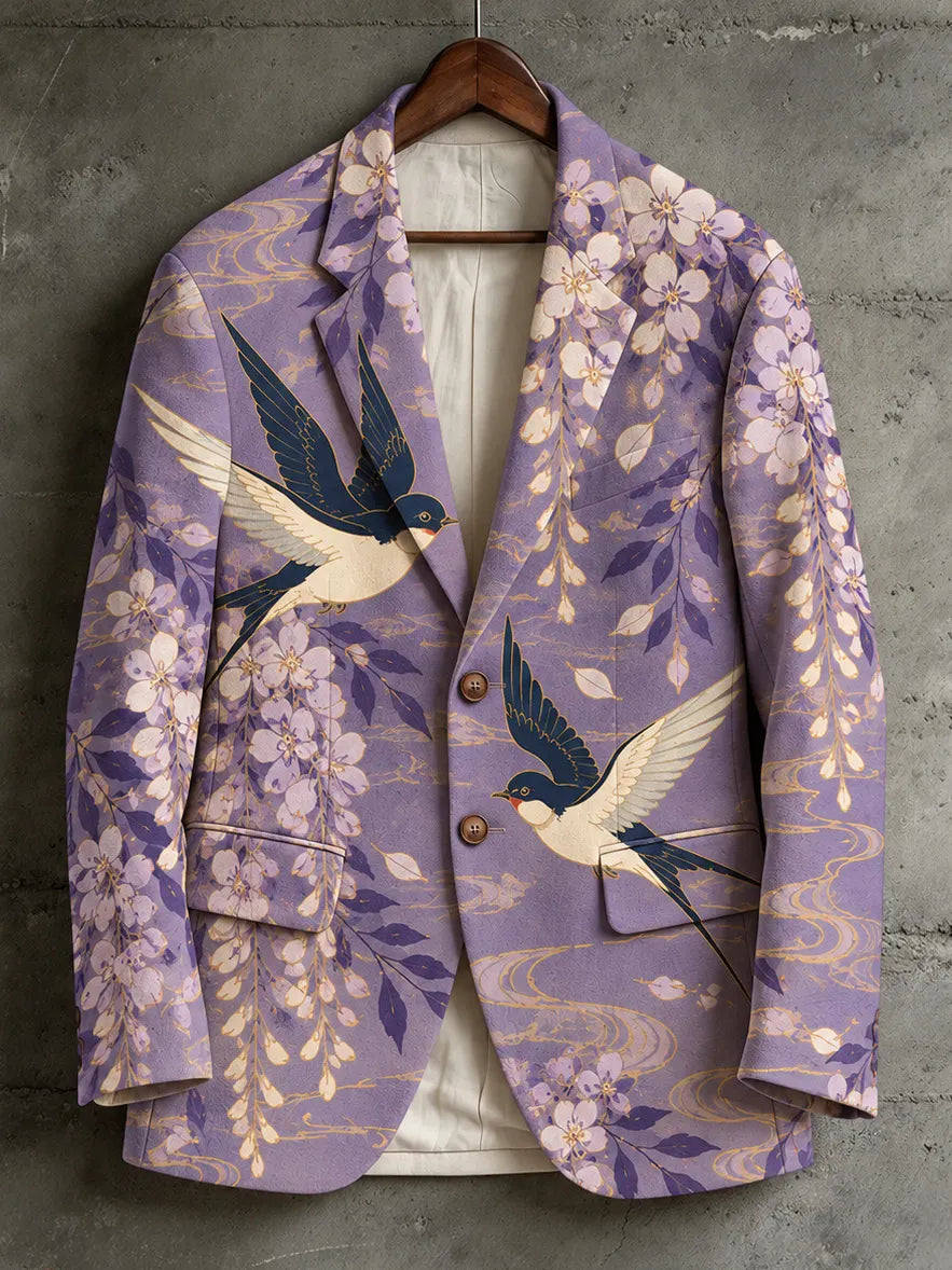 Men's Vintage Japanese-style Floral And Swallow Print Casual Blazer