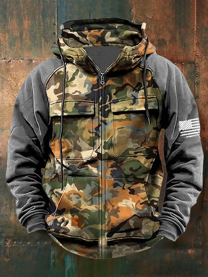 Men's Vintage Western Print Multi-Pocket Jacket
