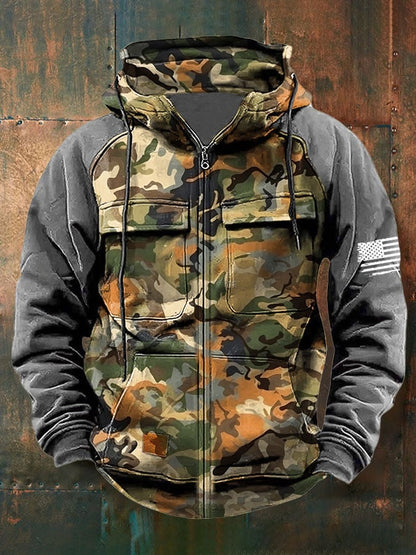 Men's Vintage Western Print Multi-Pocket Jacket