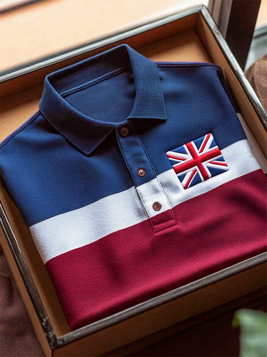 Men's Business Casual Union Jack Button Short Sleeve Polo Shirt