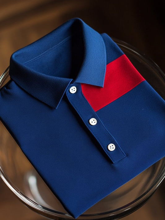 Men's Business Casual Color Block Button Short Sleeve Polo Shirt