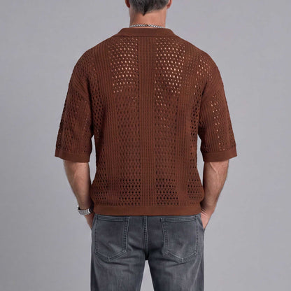 Openwork Mesh-Knit Short-Sleeve Polo Shirt