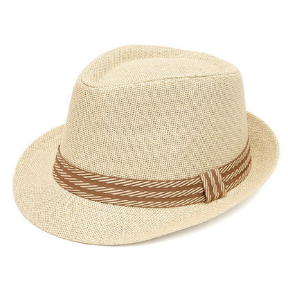 Men's Retro Stripe Decor Short-Brim Sun Protection Straw Hat