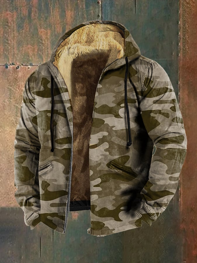 Men's Retro Camouflage Print Hooded Zipper Sweatshirt Jacket