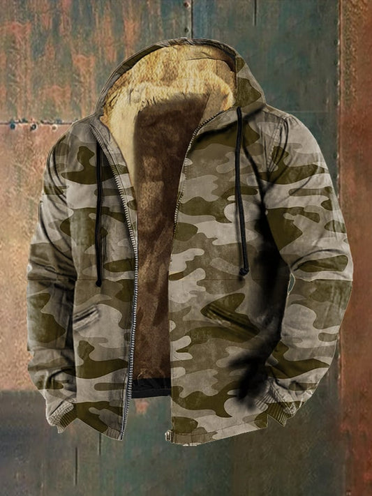 Men's Retro Camouflage Print Hooded Zipper Sweatshirt Jacket
