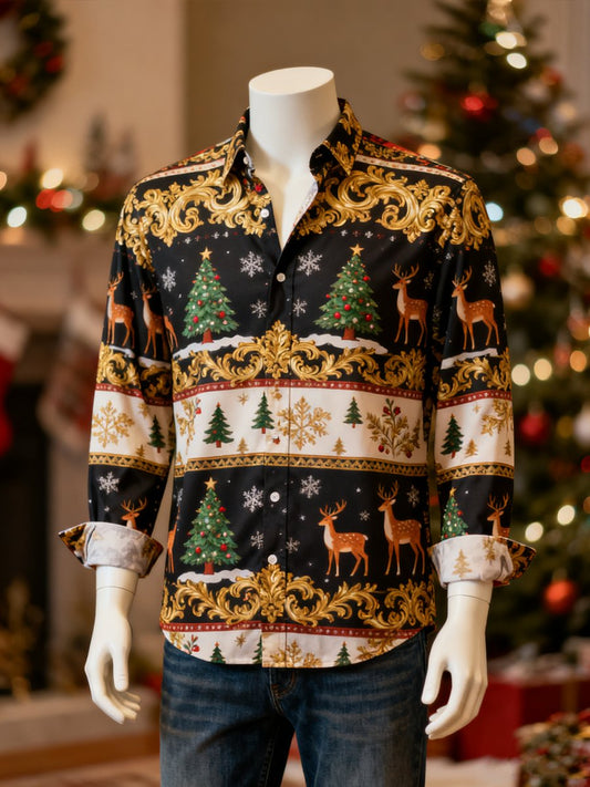 Men's Christmas Evergreen Reindeer Long-Sleeved Shirt