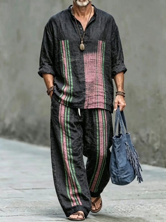 Men's Vintage Abstract Art Printed Cotton Shirt Set (Top & Pants)