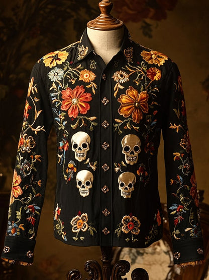 Men's Retro Casual Skull Print Long Sleeve Shirt