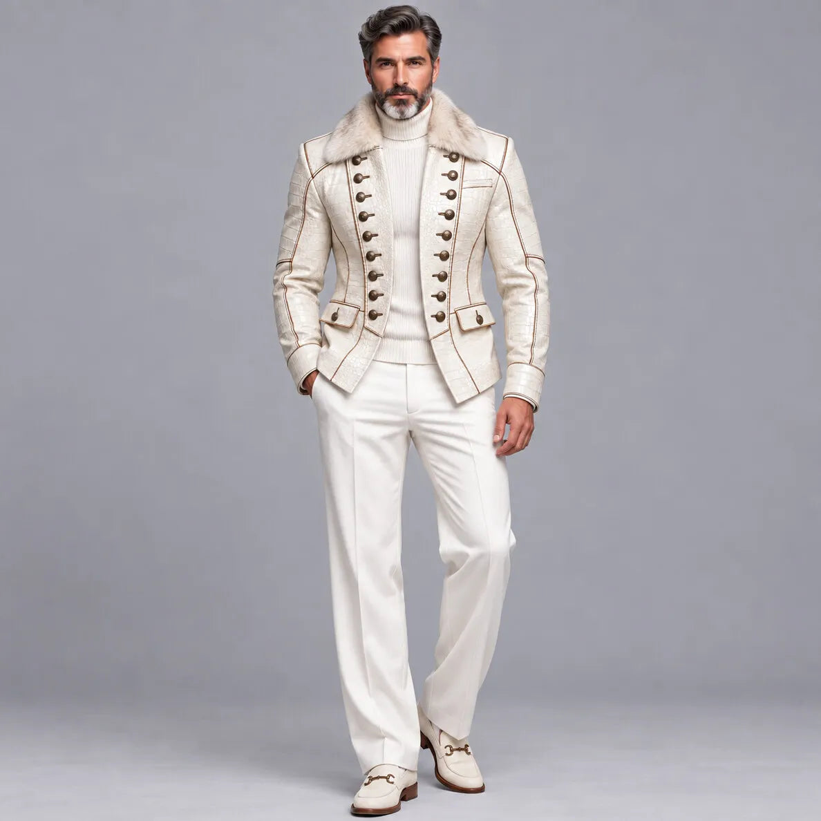 Men's Beige Crocodile Texture PU Leather Contrast Piping Fuzzy Collar Double Breasted Jacket