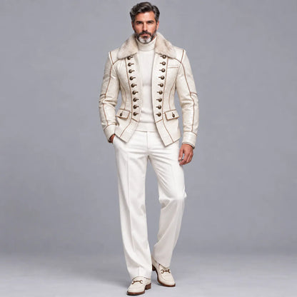 Men's Beige Crocodile Texture PU Leather Contrast Piping Fuzzy Collar Double Breasted Jacket