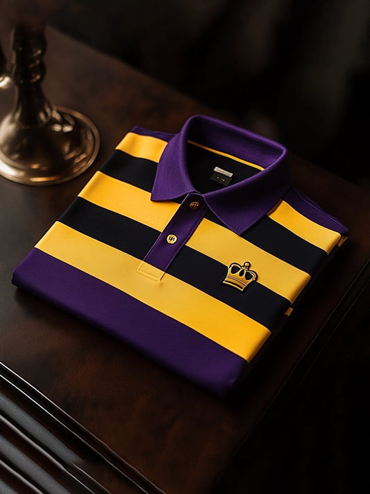 Men's Classic Business Check Logo Button Short Sleeve Polo Shirt