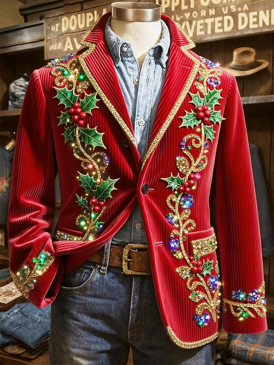 Men's Corduroy Christmas Holly Lapel Blazer